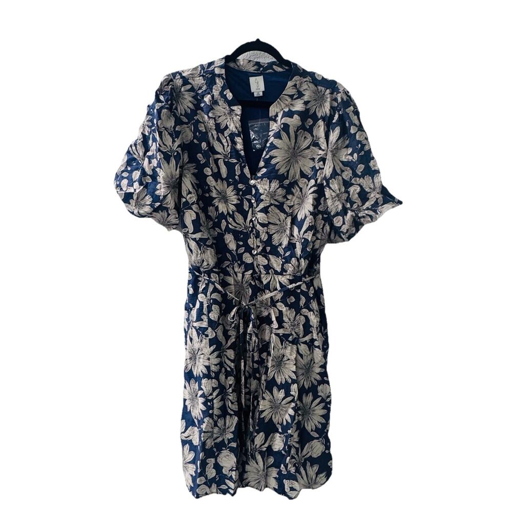 New Joie Blue Floral V-Neck Front TIe Dress Womens Sz 16 Cottagecore